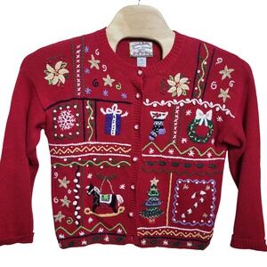 Heirloom Collectibles Petite Medium Christmas Embroidered Red Cardigan Sweater